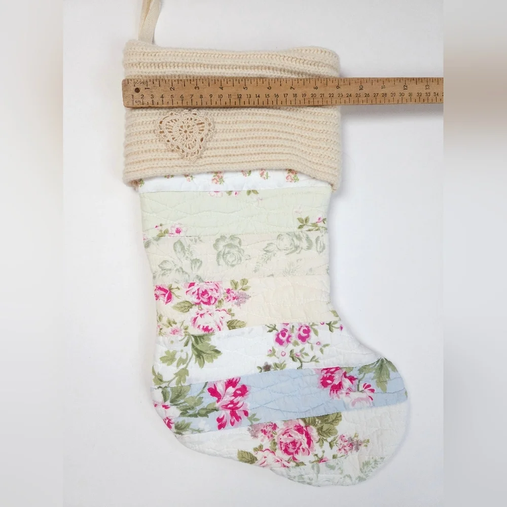 Upcycled Quilted Shabby Chic Christmas Stocking Ivory and Pink Floral